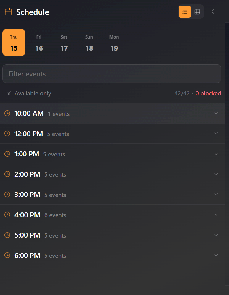 Schedule browser showing day tabs and time slots