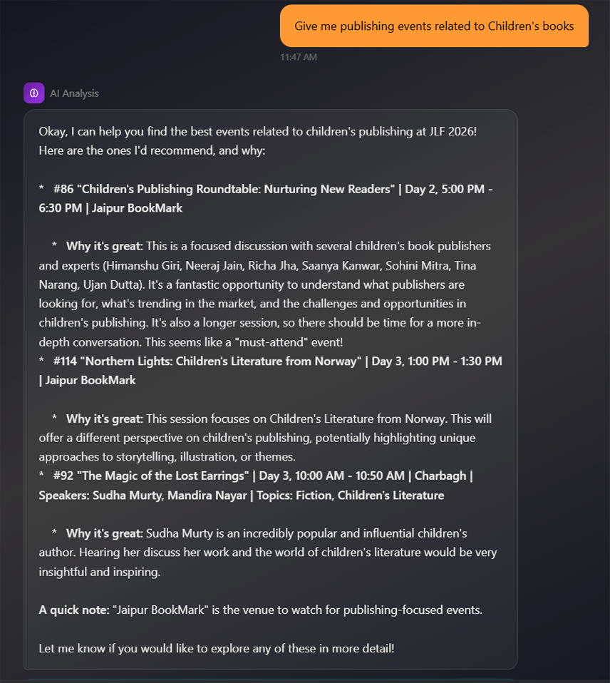 AI response with detailed recommendations for children's publishing events