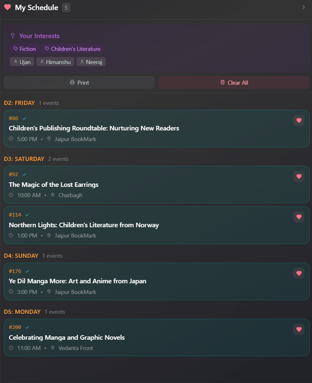 My Schedule panel showing saved events organized by day with interest tags